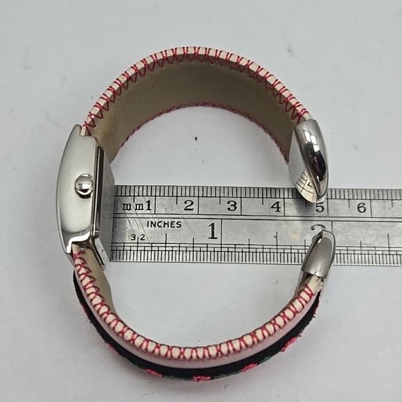 Womens Vintage Gruen Silver Quartz Watch Pink Flower Band New Battery Cuff - Picture 9 of 11